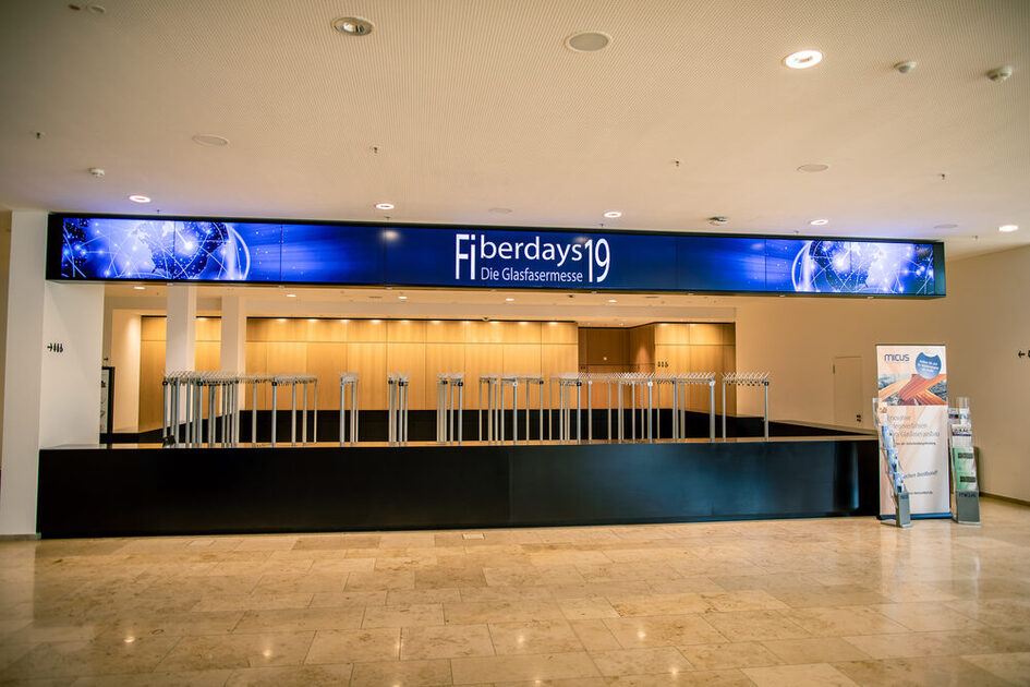 View of a video wall for wayfinding at the 2019 fiber optic trade fair