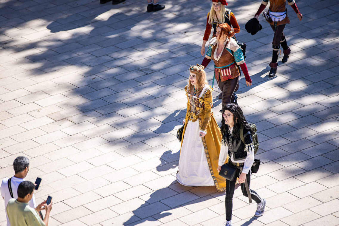 Menschen tragen Manga-Kostüme und laufen. Aufnahme von oben